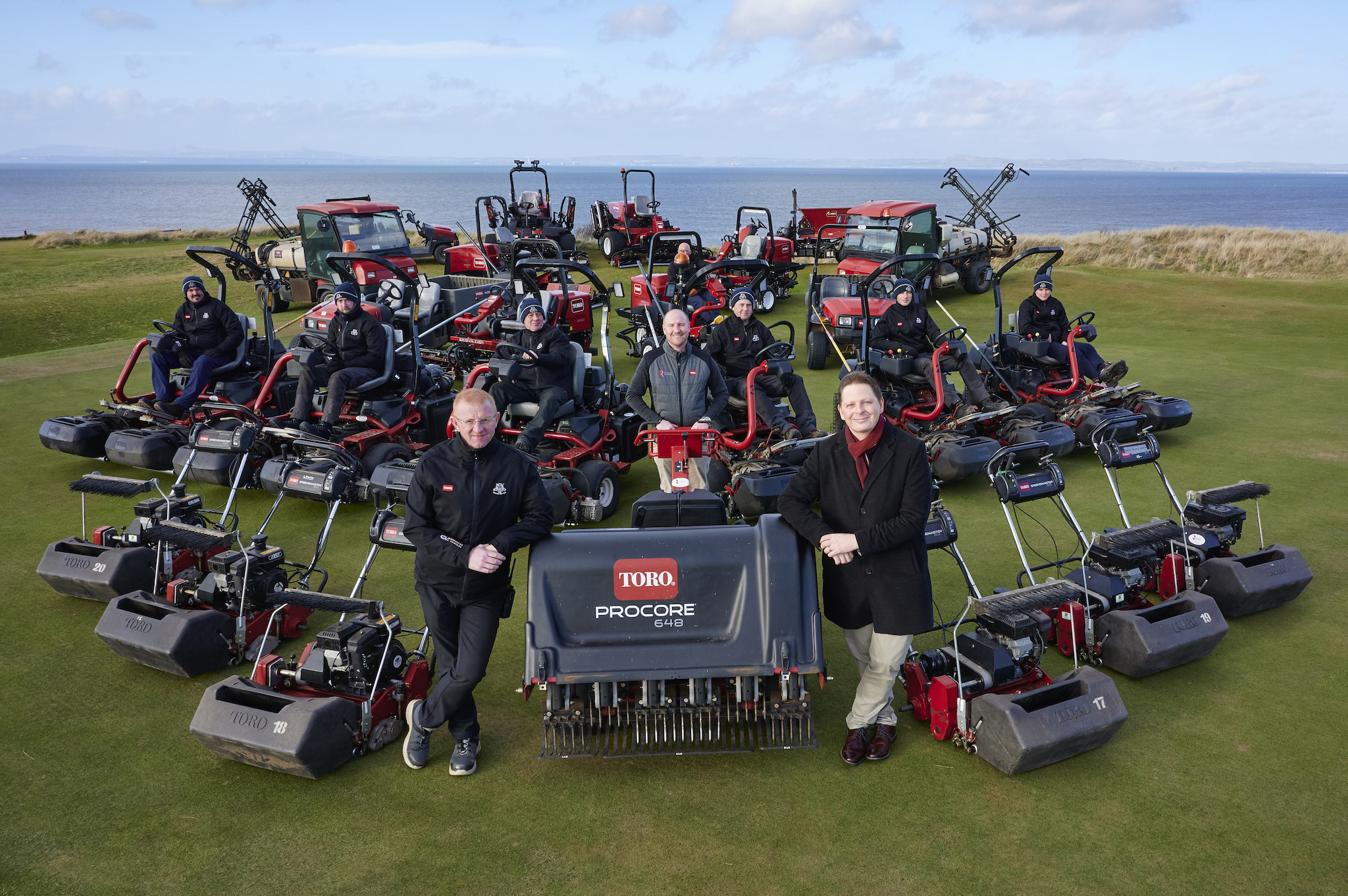 Course manager Stewart Duff, left, with Stewart Tait, centre, and Richard Green from Reesink Turfcare, with the greenkeeping team at Gullane