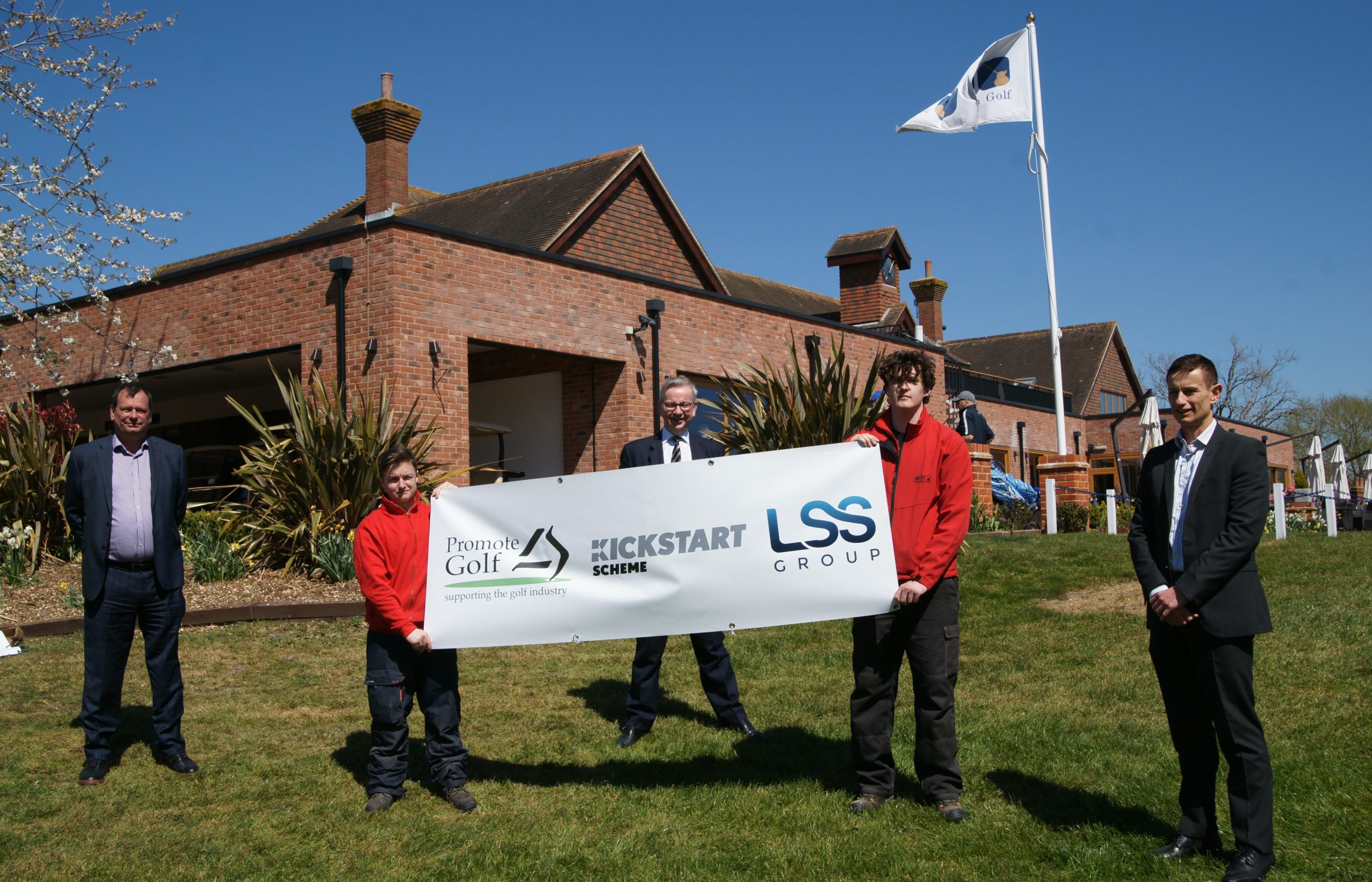 From left Andy Merricks (LSS Group), Nick (Kickstart employee), Michael Gove MP, Harry (Kickstart employee) and David Reeves (Promote Golf)