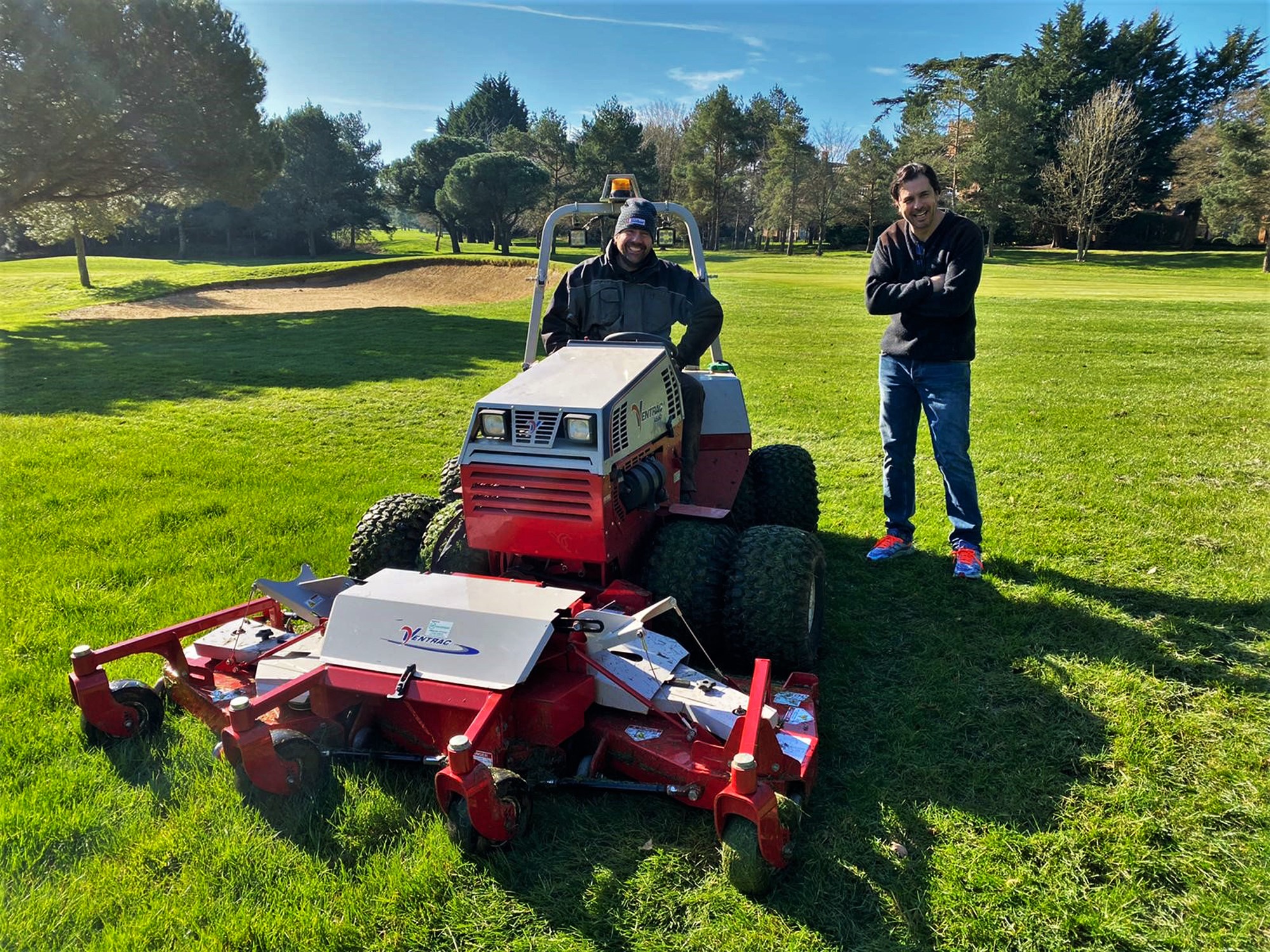 Sitting on the new Ventrac is Head Greenkeeper of the Old Course, Alvin Huxen with the owner of Essendon Country Club, Kieran Griffin