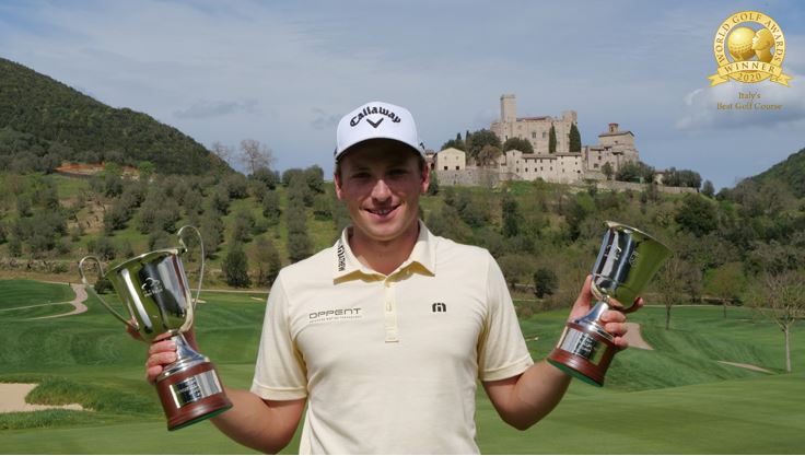 Stefano Mazzoli with the Antognolla Alps Trophy, against the backdrop of Antognolla Castle