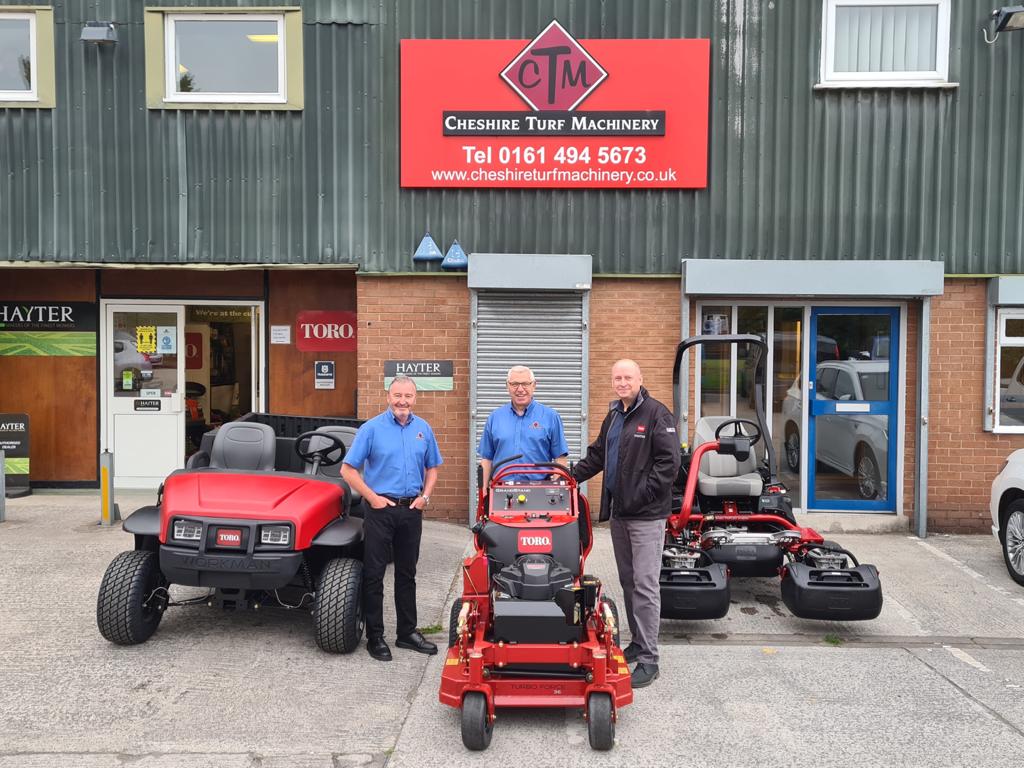 : Steve Halley, managing director at Cheshire Turf Machinery, centre, with Peter McGreevy, sales director, left, and Mark Woodward, service director, at the company premises in Stockport near Manchester