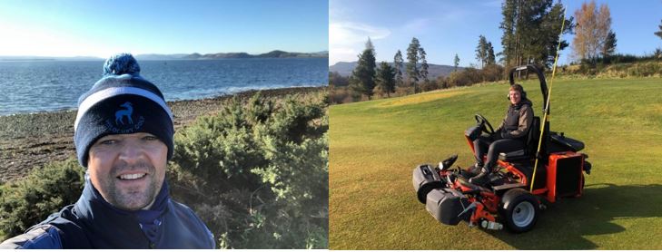  Stuart Griffiths (left) and Pitlochry GC’s Douglas Black sits on the Jacobsen GP400 greens mower