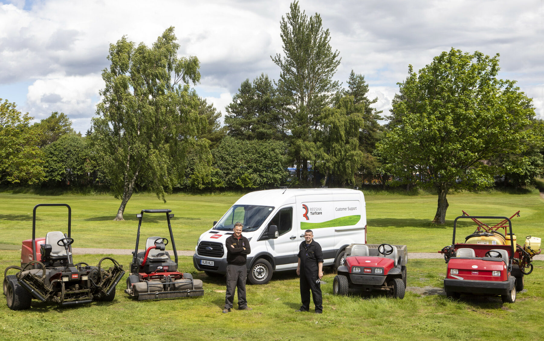 Dougie Melville, course manager at Falkirk Golf Club, left, with Reesink’s Andy Marshall who helps service the club’s fleet as part of the ReeAssure Maintenance Scheme cover