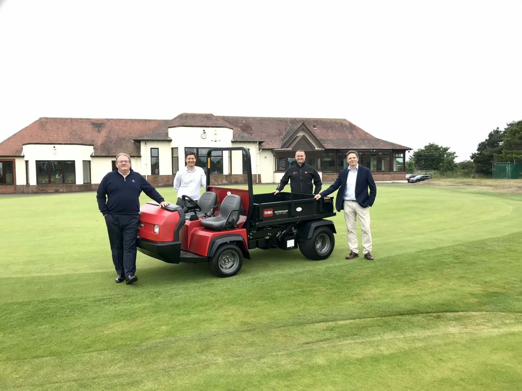 From left, course manager Brian Finlayson and manager David Addison from Kilmarnock Barassie Golf Club, with area sales specialist Gareth Rogers and branch manager Richard Green both from Reesink Turfcare, with Toro’s Workman HDX-D heavy-duty utility vehicle