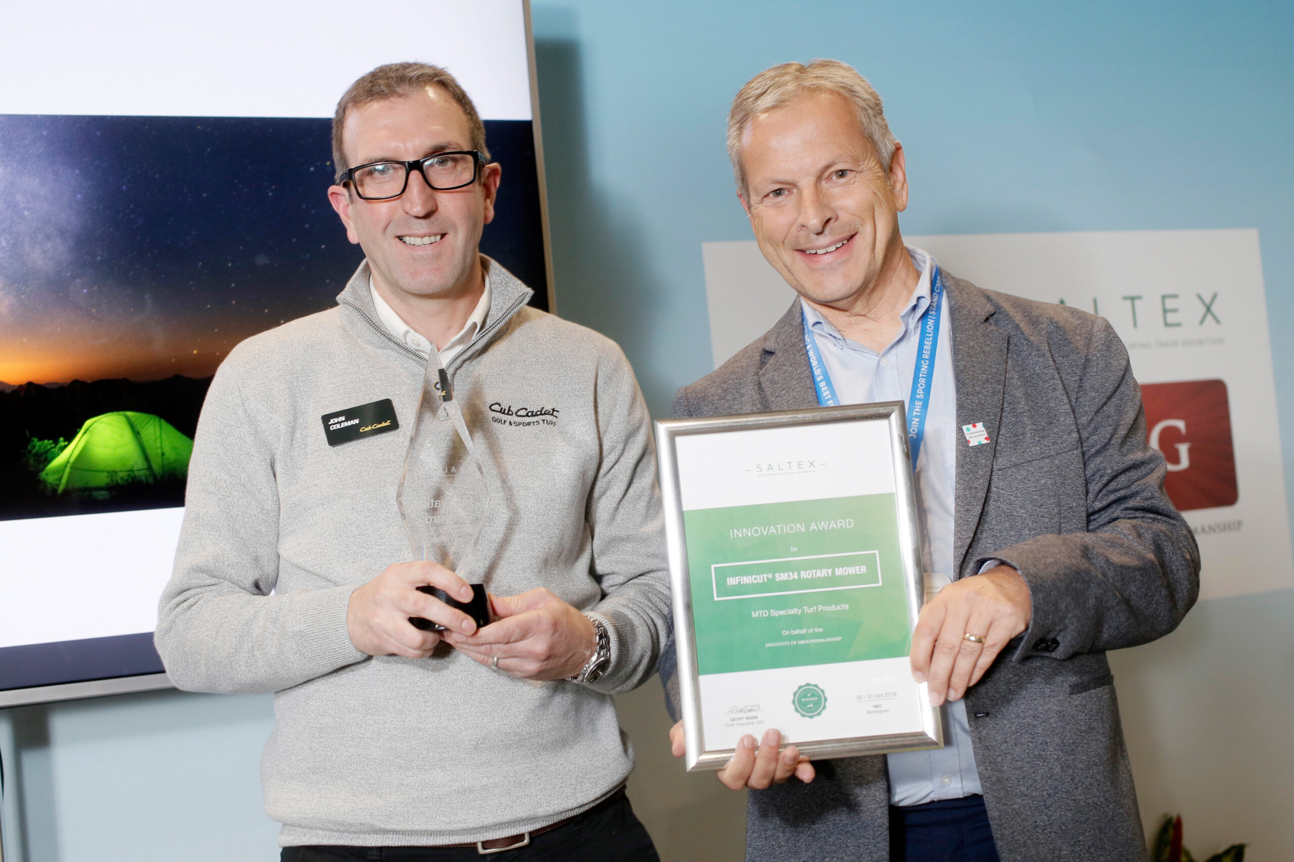 The Cub Cadet INFINICUT® SM34 Rotary Mower was crowned the winner of the 2019 Innovation Award  John Coleman (left) with Geoff Webb, GMA CEO