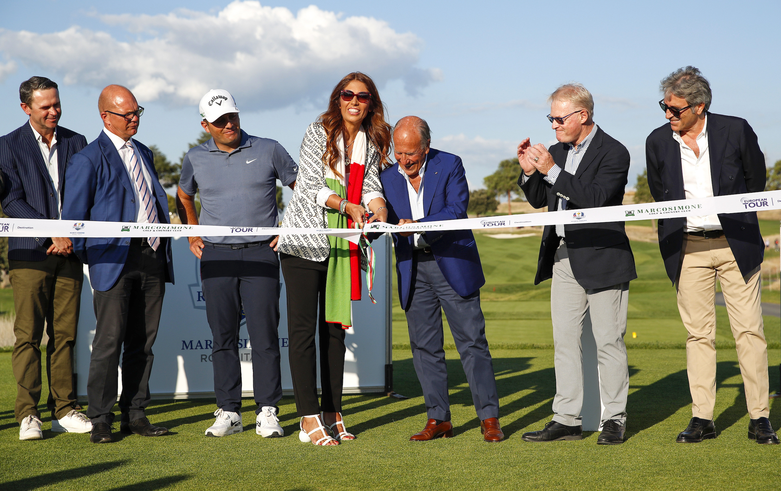 Lavinia Biagiotti, President of Marco Simone Golf &amp; Country Club, cuts the ribbon to commemorate the redesign of the course ahead of its staging of this week's Italian Open