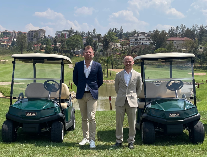 Nathanaël Pietrzak-Swirc, International Director of UGOLF (left) with Jack Bryan, General Manager Kigali Golf Resort & Villas, with some of the venue’s new Club Car vehicles.