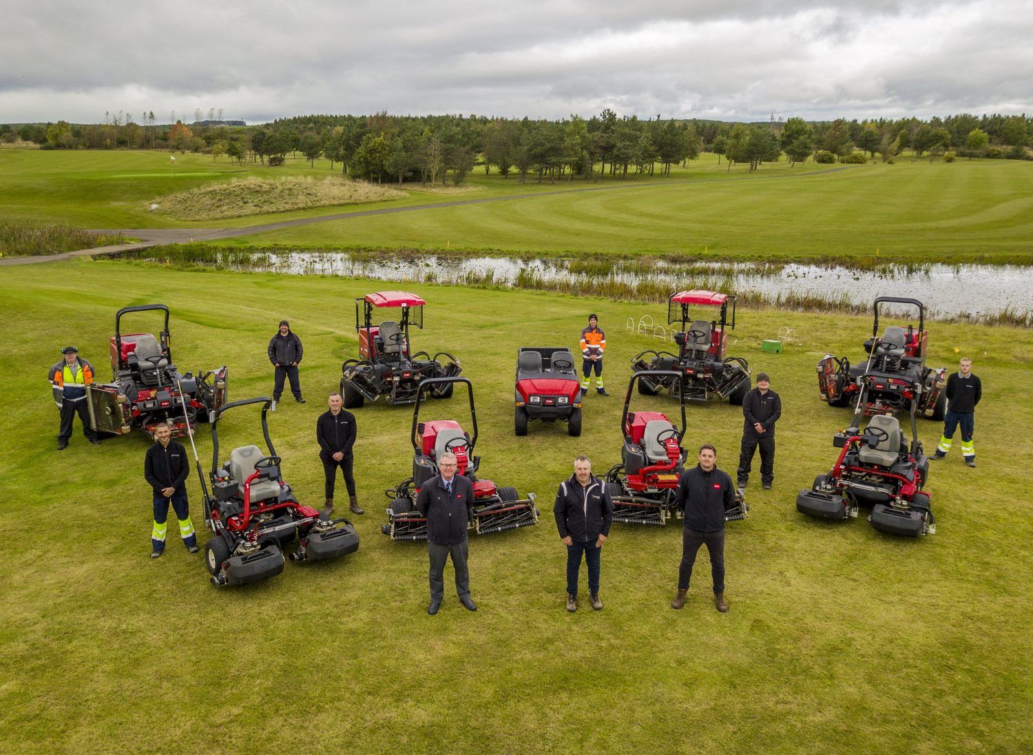 Longhirst Hall Golf Club’s Graham Chambers, forefront centre, with Andrew Hutchinson, Lloyds Ltd, right and Reesink’s Mike Turnbull, with the Toro fleet and greenkeeping team