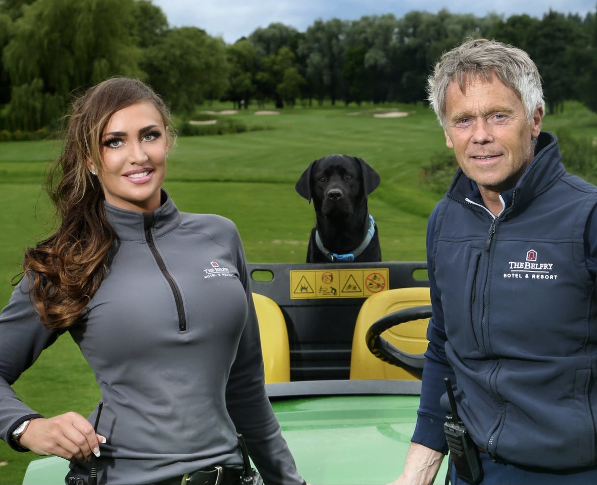 Brabazon deputy course manager Anna Nilsson, Director of Golf Courses and Estates Angus Macleod and his faithful labrador Alvin