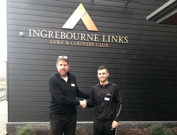 Sam McMullen (right) the Kickstart Employee and Dominic Eagle, General Manager of Ingrebourne Links Golf & Country Club. 