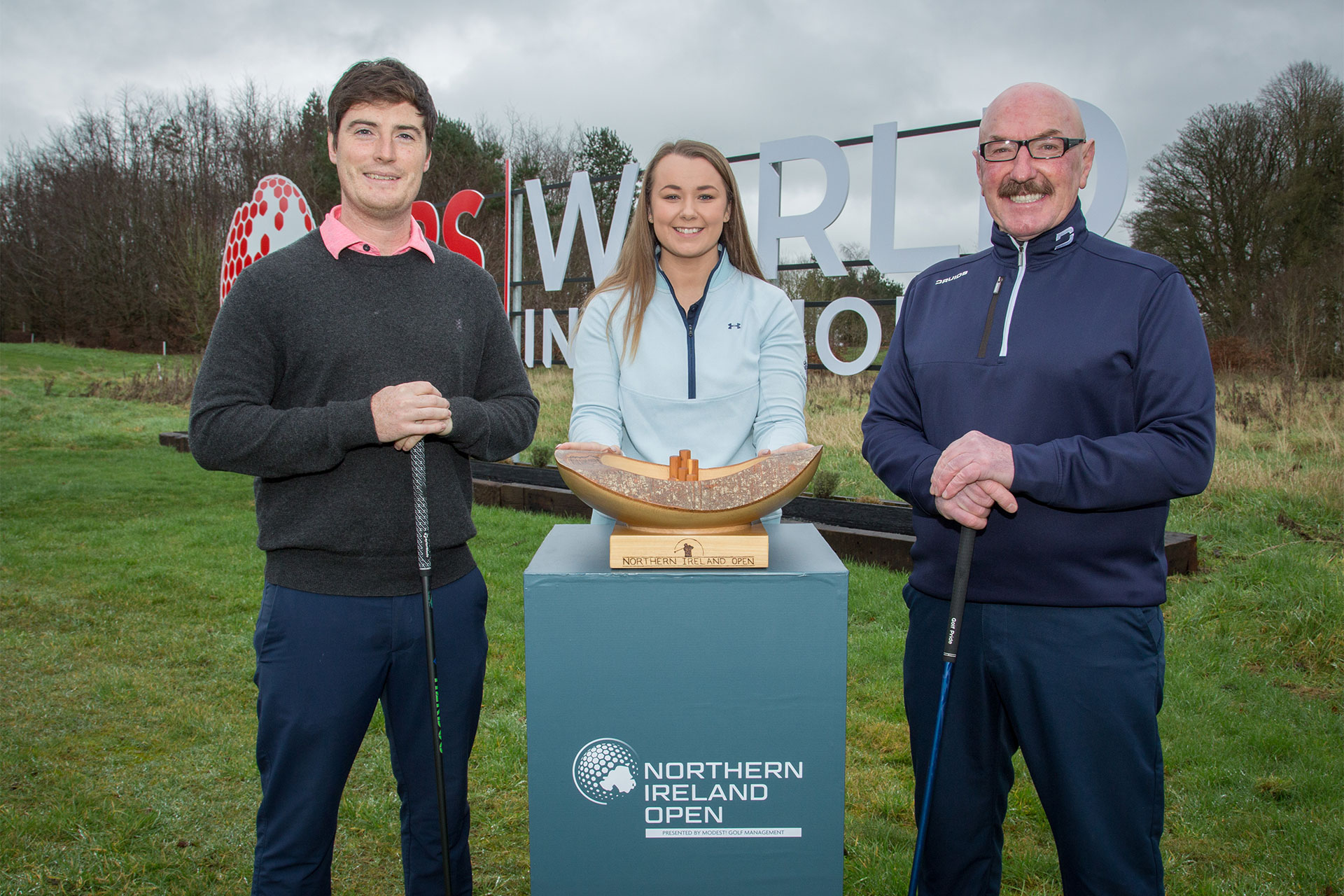 Northern Ireland Open ambassador Liam Beckett pictured at Galgorm with professional Dermot McElroy and Jessica Boal, part of the event management team