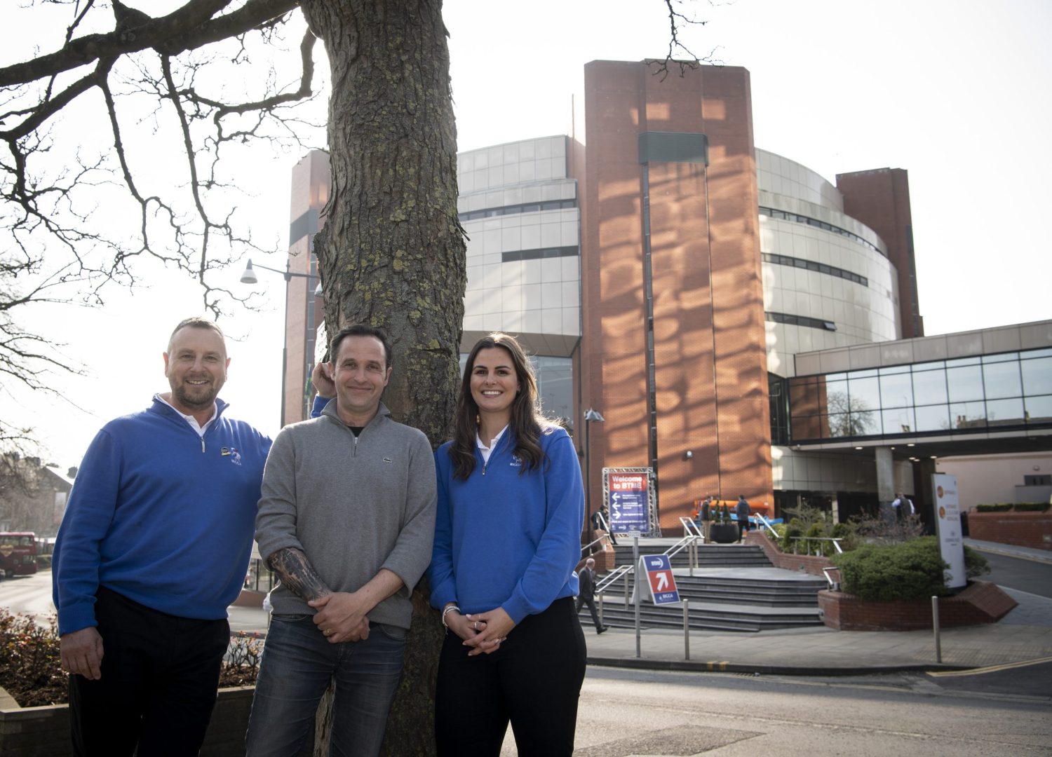 BIGGA's Membership Services Manager for Ecology James Hutchinson (left) and Head of Business Development Lauren Frazer (right) with Harrogate Golf Club Course Manager Ken Ward