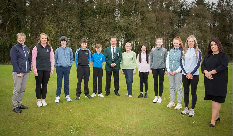 from left:Amanda Kenny (Assistant Junior Convenor), Jessica Boal (Galgorm Golf Sales Manager), Paul Fletcher, Harris Fleming, Rory Brown, David Millar (Galgorm Club Captain), Hazel Cunning (Galgorm Lady Captain), Aimee Watt, Amy Nicholl, Ruby Chambers, Mollie Douglas, and Leigh Heggarty (Galgorm Collection Business Development Manager). (Missing from picture, Parker Bonnes) 