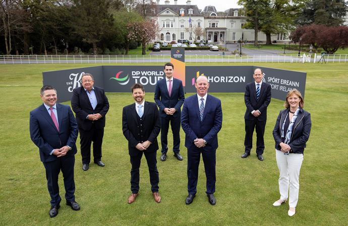 From left: Paul Heery (General Manager, The K Club), Michael Fetherston (Owner of K-Club), Simon Alliss (Championship Director, Horizon Irish Open), Jack Chambers (T.D. Minister of State for Sport and the Gaeltacht), Tim Walbert (Chairman, President and CEO of Horizon Therapeutics), Jamie Hodges (Head of European Challenger Tour) and Dr. Una May (CEO of Sport Ireland) credit Getty Images