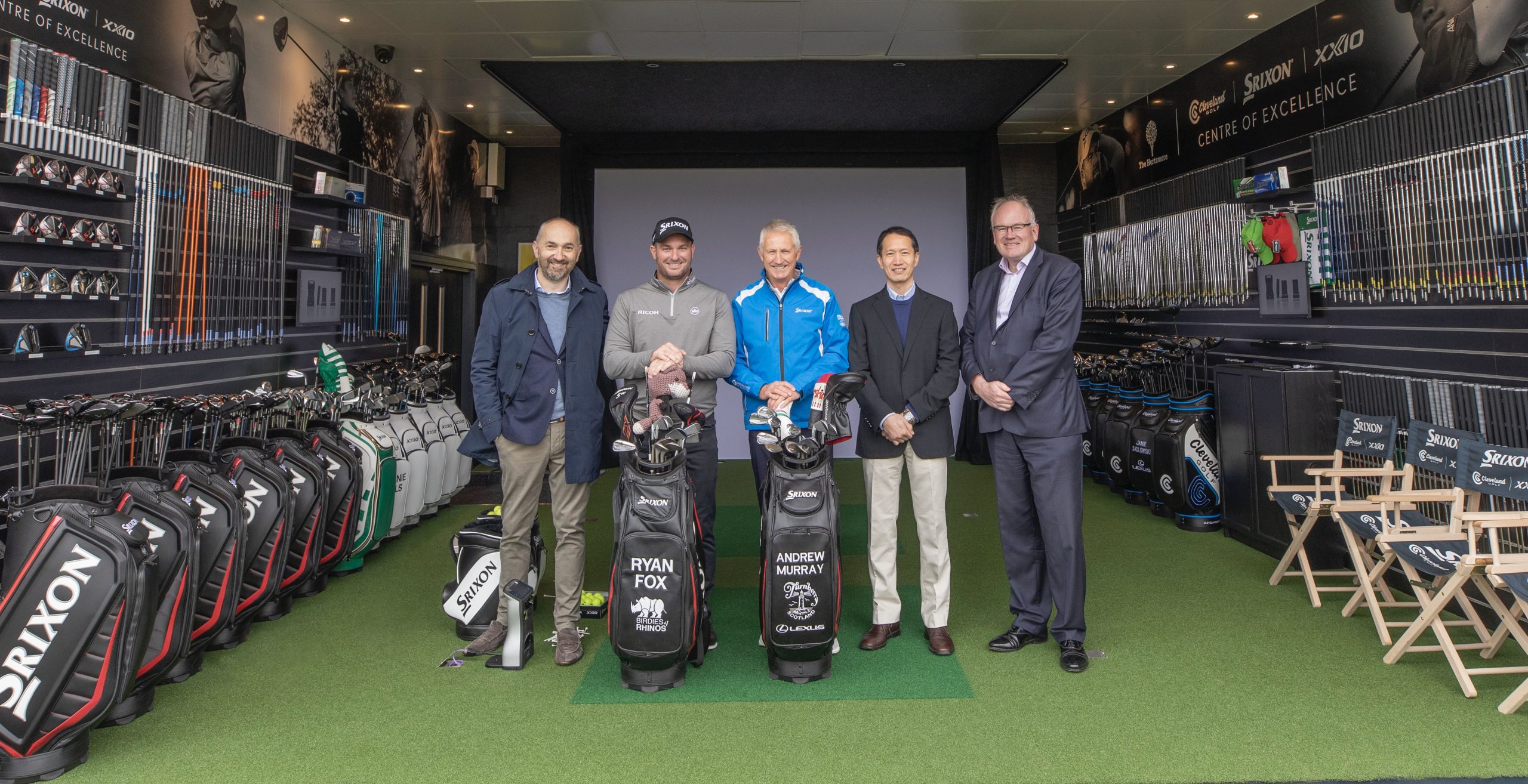 L-R Lionel Caron (Chief Sales &amp; Marketing Officer at Srixon Sports Europe; Tour Professional and Srixon staff player Ryan Fox; Srixon ambassador and former tour player Andrew Murray;  Srixon Sports Europe CEO Sean Hanafusa, and Stuart Ritchie, Director of The Hertsmere