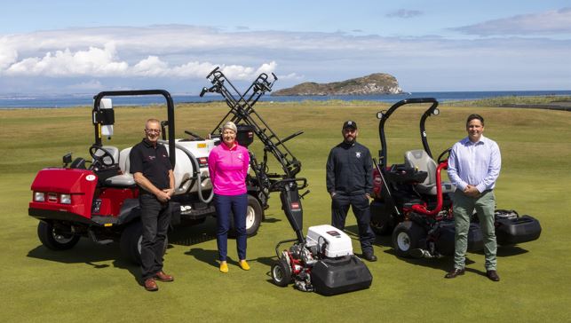 North Berwick’s general manager Elaine McBride and course manager Darren MacLaughlan (centre) with Reesink’s reps Richard Green (right) and Neil Mackenzie, posing with the club’s Toro machines