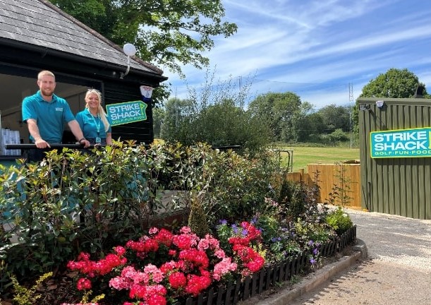 l-r Kyle Gittins and general manager Carlie Hill outside Wharton Park's new Strike Shack