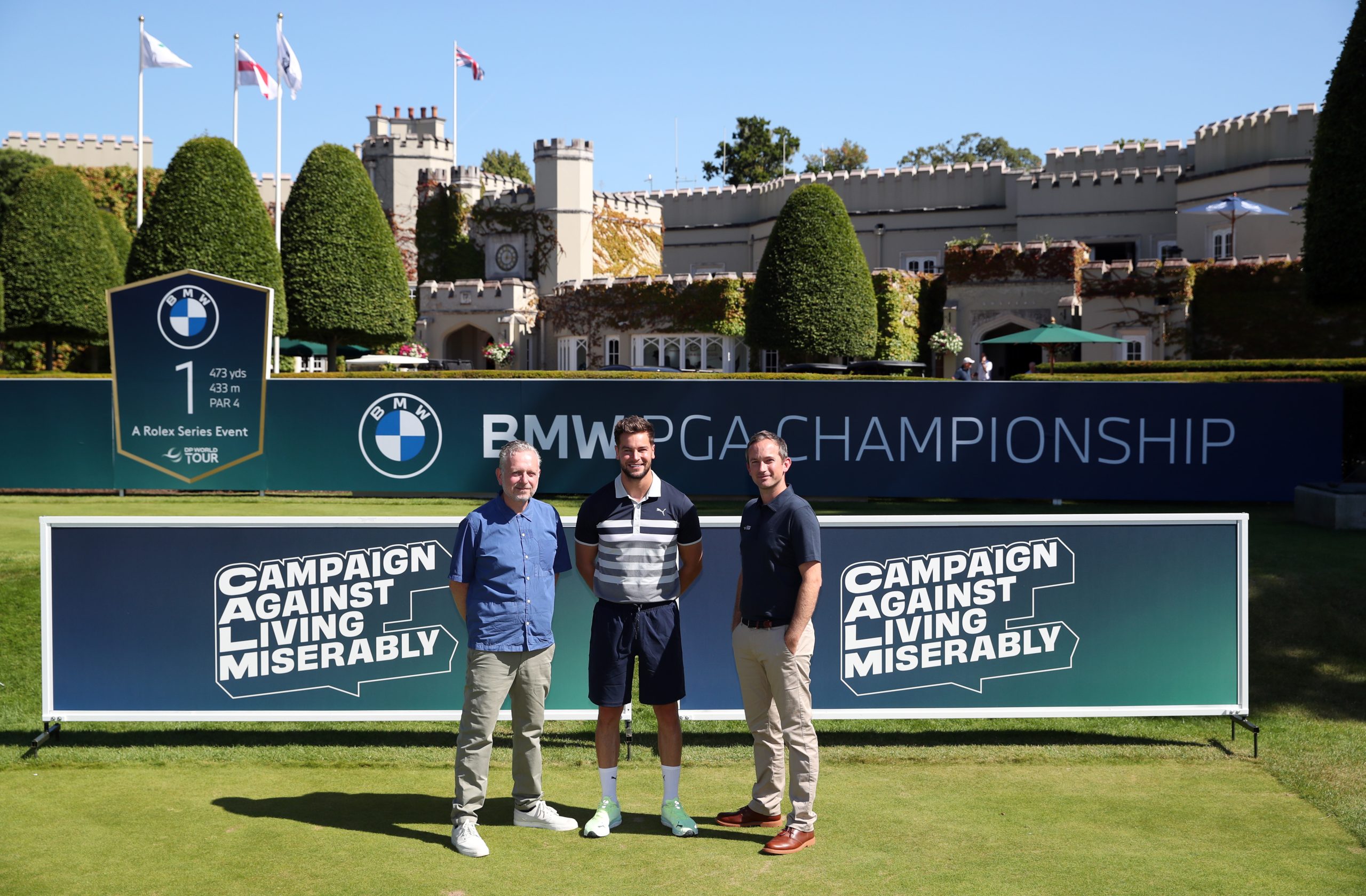  Simon Gunning, CEO, Campaign Against Living Miserably (CALM), Chris Hughes, CALM Ambassador and Kit Gartrell, Championship Director of the BMW PGA Championship