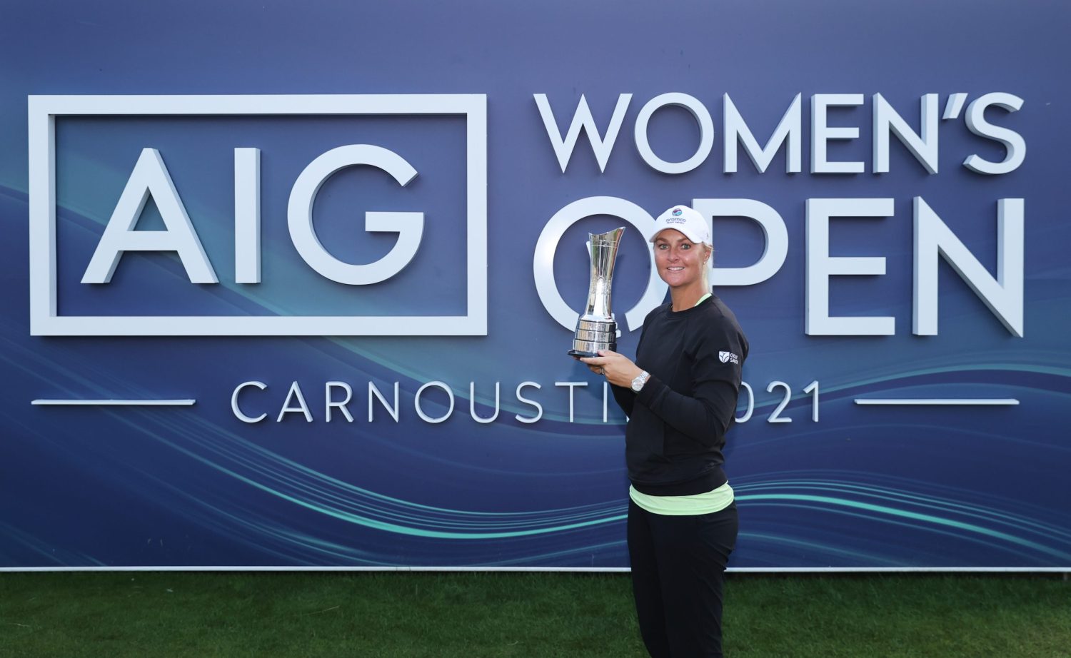 CARNOUSTIE, SCOTLAND - AUGUST 22: Champion, Anna Nordqvist of Sweden poses with the AIG Women's Open trophy during Day Four of the AIG Women's Open at Carnoustie Golf Links on August 22, 2021 in Carnoustie, Scotland. (Photo by Warren Little/R&A/R&A via Getty Images)