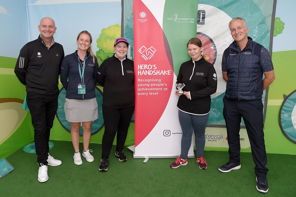 Lucy Robinson was prestented with her award by England Golf CEO Jeremy Tomlinson and Golf Foundation CEO Brendon Pyle during the BMW PGA Championship Wentworth