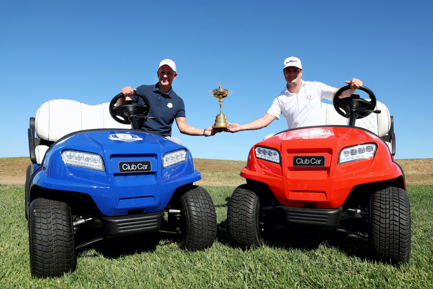 Team captains Luke Donald and Zach Johnson pose for a photograph with the Ryder Cup during the Ryder Cup 2023 Year to Go Media Event at Marco Simone Golf Club in Rome, . (Photo by Andrew Redington/Getty Images)