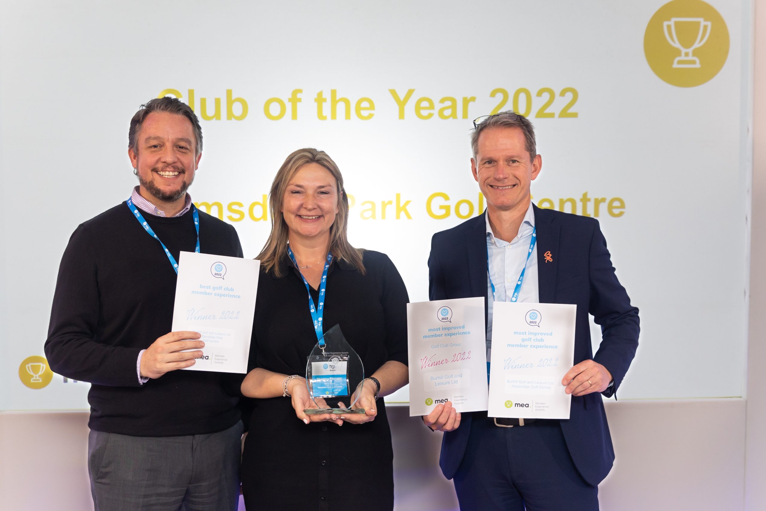 Ian McDowell (General Manager of Aldwickbury Park), pictured with Theresa Plimmer (General Manager at Ramsdale Park) and BGL Golf Division  Operations Director Guy Riggott