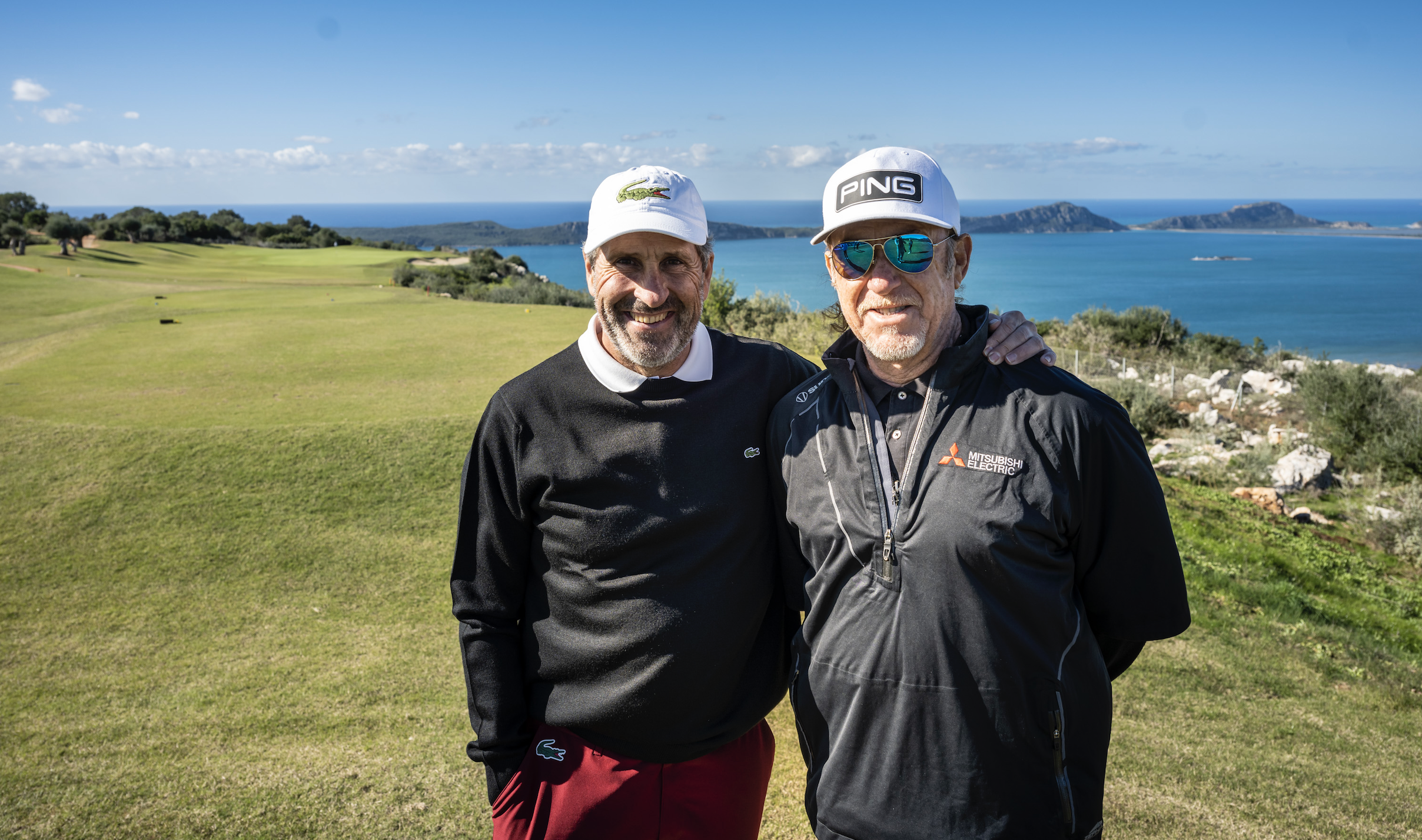 Tournament host Jose Maria Olazabal with fellow former Ryder Cup Miguel Angel Jimenez at Costa Navarino