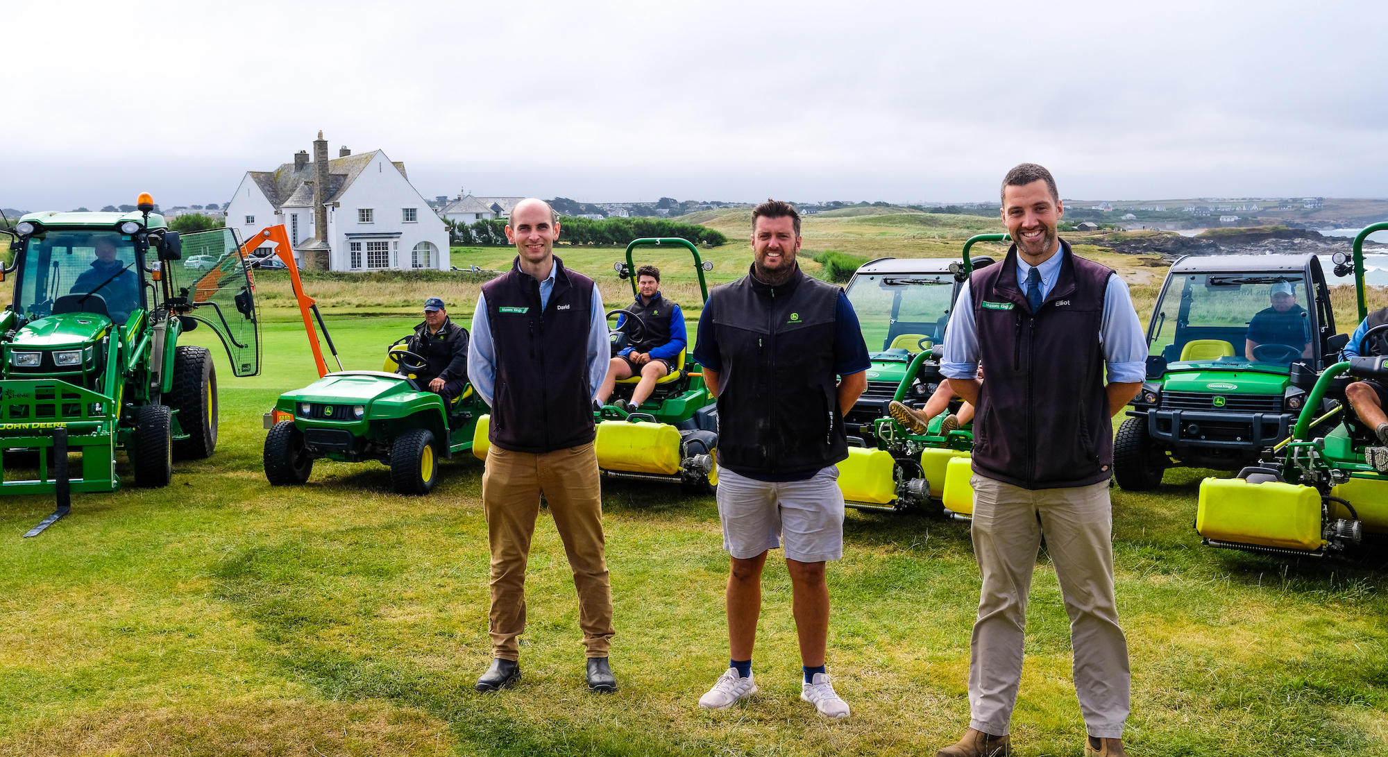 John Deere dealer Masons Kings representatives David Barnes (left) and Elliot Prior (right) with Trevorse Golf Club Course Manager Neil Ivamy and his team of greenkeepers