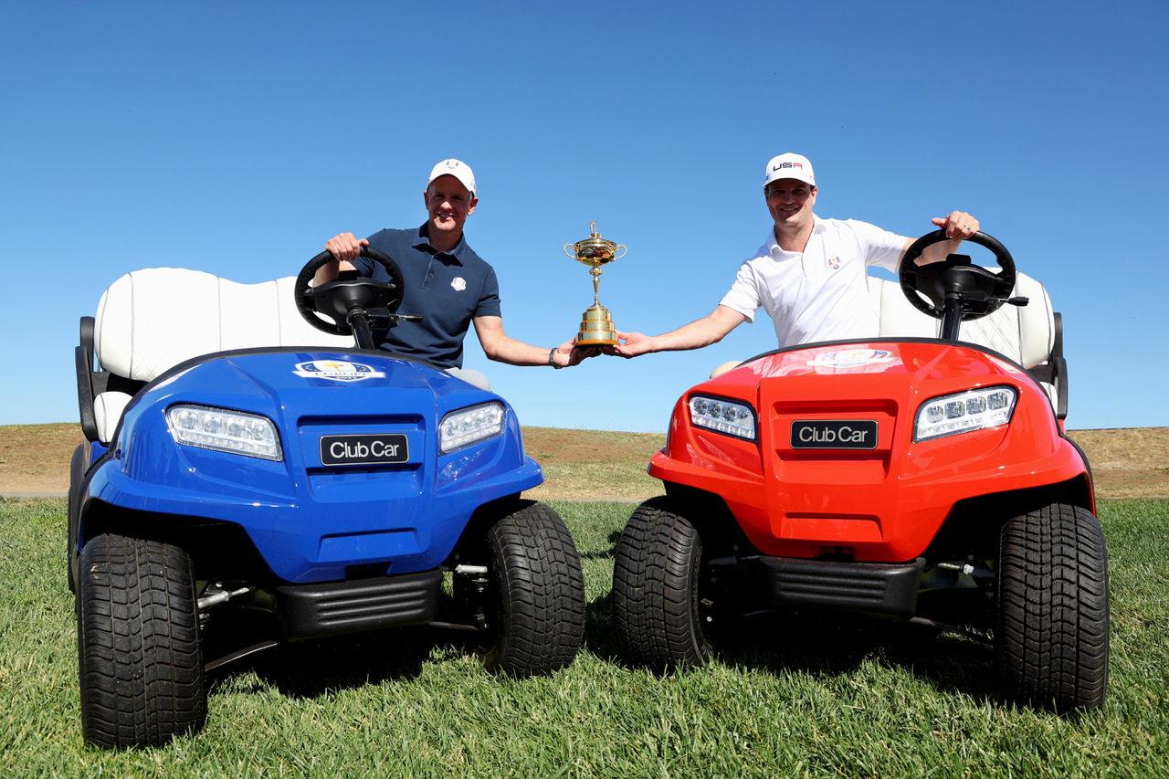 Luke Donald and Zach Johnson in their Captains’ Cars at the Year to Go event at Marco Simone Golf and Country Club