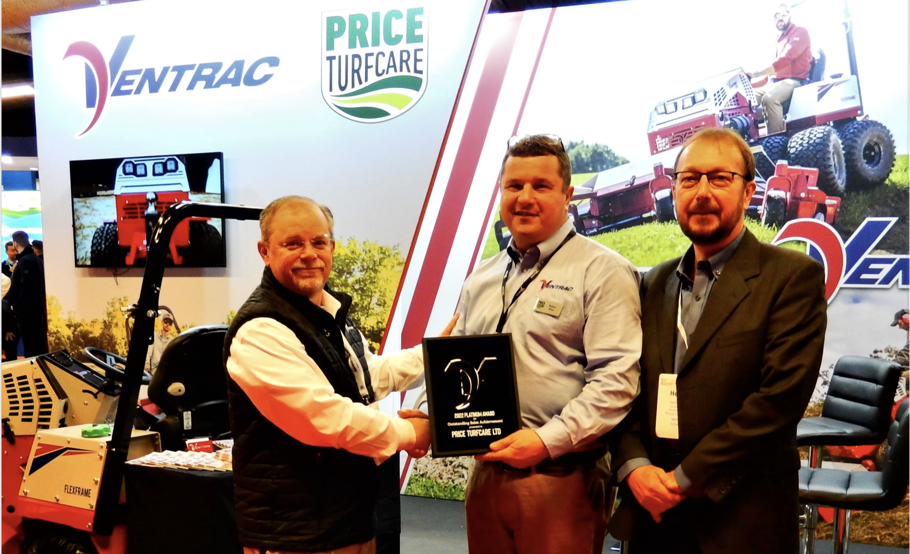 (l-r) Tyler Dickie, Ventrac’s  International Sales Manager, Rupert Price with the award 
and Henrik Lund, Ventrac’s European Sales Manager 