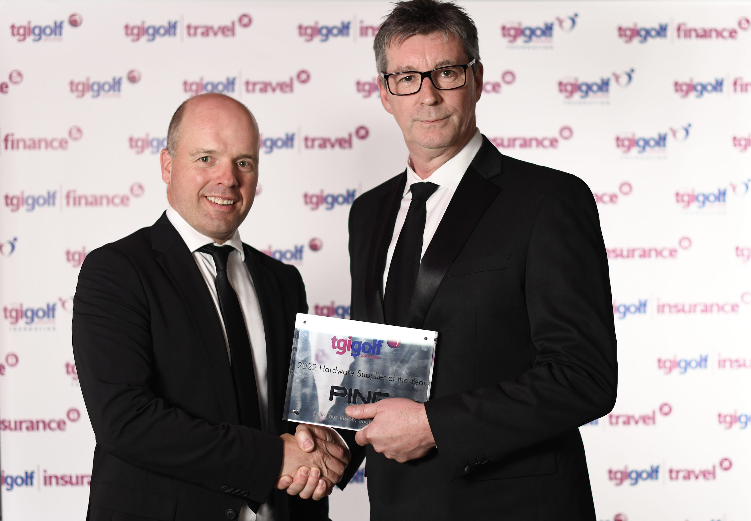 Hardware Supplier of the Year: PING- presented by Gordon Stewart, Cawder Golf Club (left); collected by Sales Director Steve Carter (right)