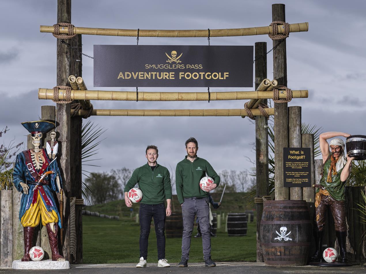 Brothers Hugo and Paul Dobson get ready to kick off the action at Smugglers Pass Adventure Footgolf Course at Stonham Barns Park in Suffolk