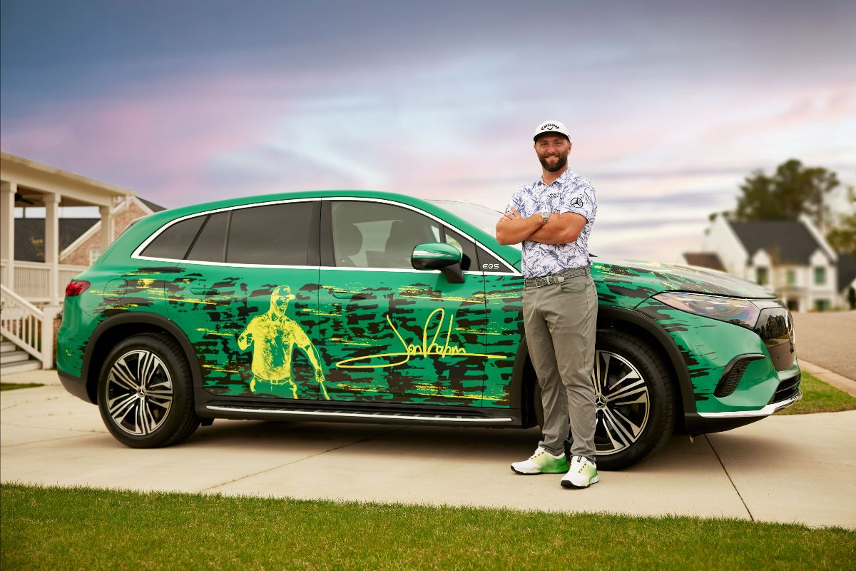 Jon Rahm with his pop-art inspired Mercedes-Benz SUV