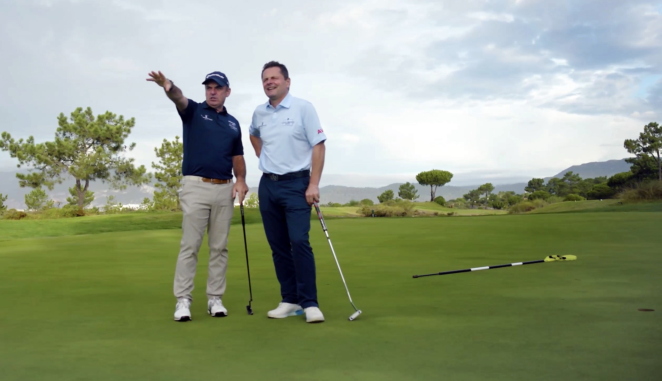 Paul McGinley and Chris Hollins in action at Troia Golf Club near Lisbon during the filming of the second series of Golf's Great Holes in Portugal
