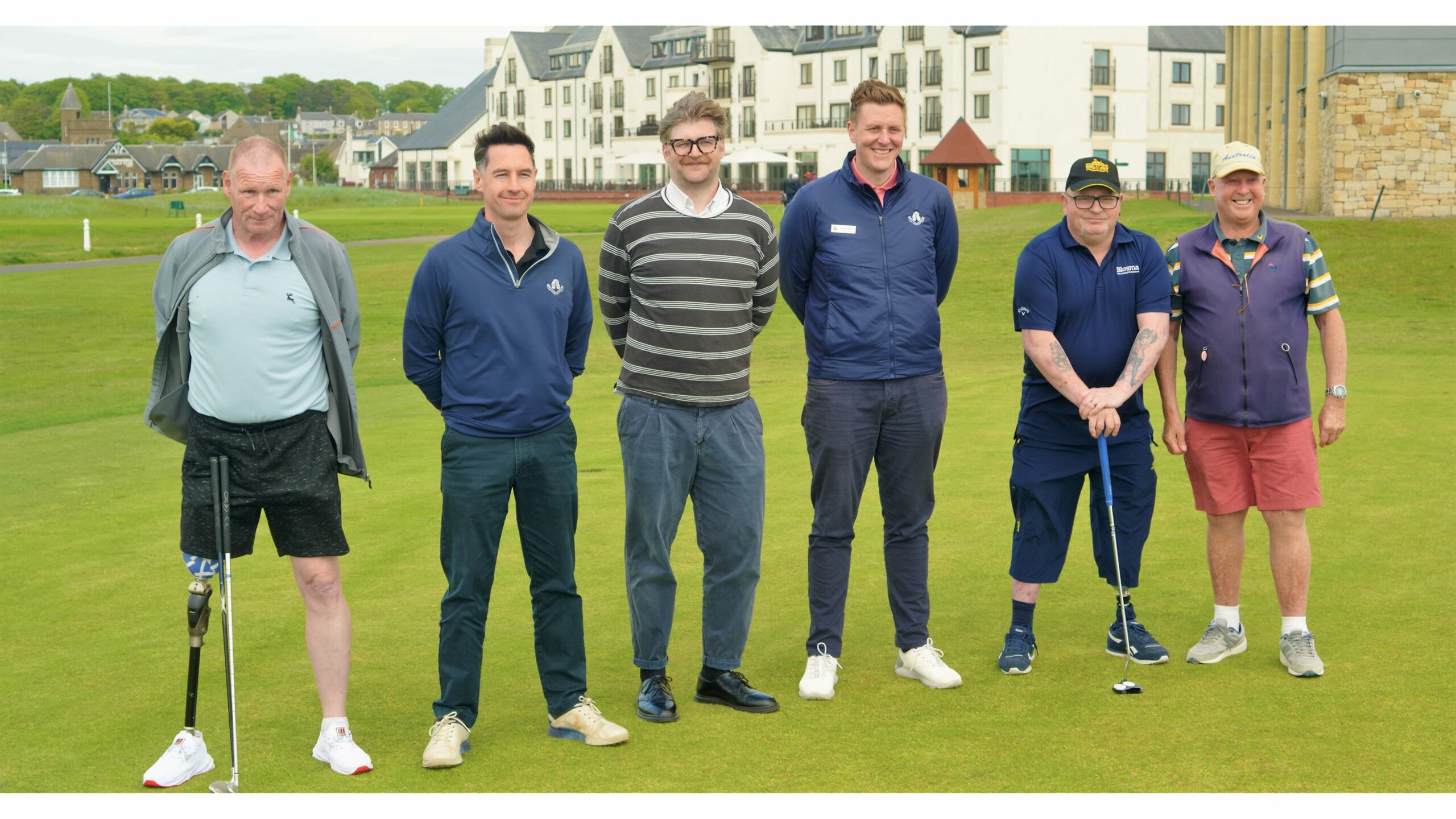 L-R: golfer Cavin Clancy; Chief Executive of Carnoustie Golf Links Michael Wells; Abertay University sports scientist academic Ashley Williams; Carnoustie Golf Links PGA professional Tom Phillips; golfer Steve Becala; golfer Ian Woodcraft