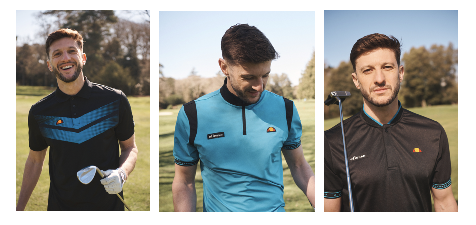 L-R: Adam wears Black Fallerone Polo, Neon Blue Tommio Polo, and a Black Mandrio Polo