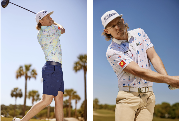 OPG ambassador Cam Smith wearing a Heritage Print Polo (left) and the Pete's Flash Card Polo (right)