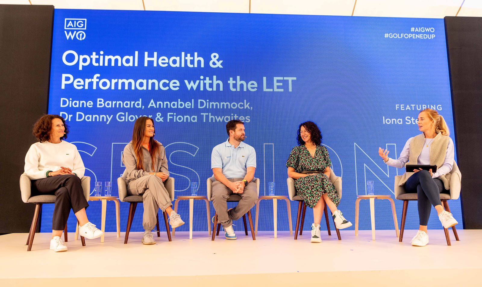 From left: LET Director of Operations Di Barnard, LET professional golfer Annabel Dimmock, LET Chief Medical Officer Dr Danny Glover, Jennis Managing Director Fiona Thwaites and presenter Iona Stephen at the Ladies European Tour Performance Institute Launch during the AIG Women’s Open at Walton Heath