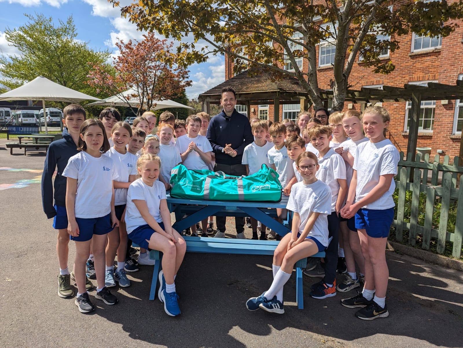 Golf Foundation President Nick Dougherty presents Golfway equipment to South Farnham School 