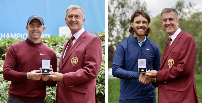 PGA Captain Tim Rouse presented Rory McIlroy with the Braid Taylor Memorial Medal and Tommy Fleetwood with the Tooting Bec Cup medal