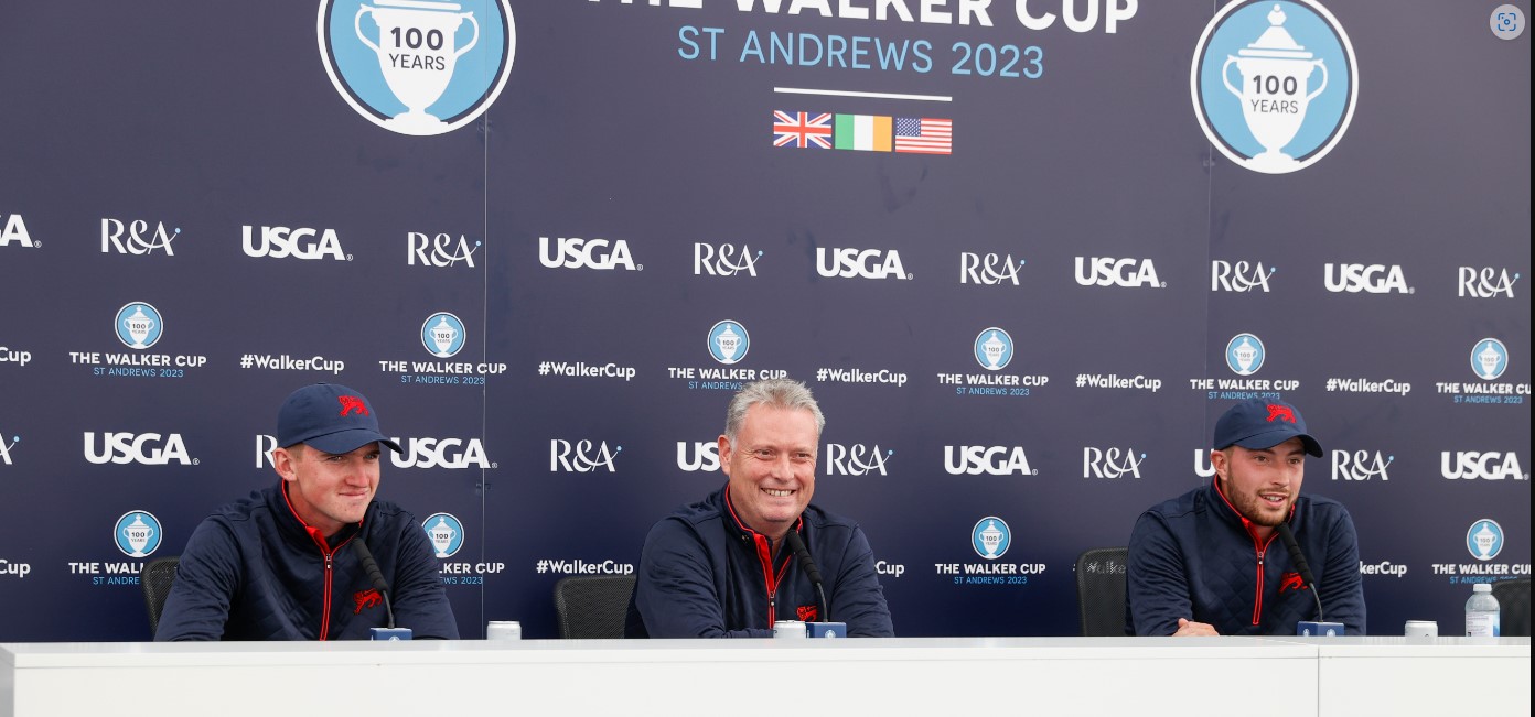 : Stuart Wilson (centre), Captain of Great Britain and Ireland, speaks at a preview press conference for the 49th Walker Cup at St Andrews (photo credit The R&A)
