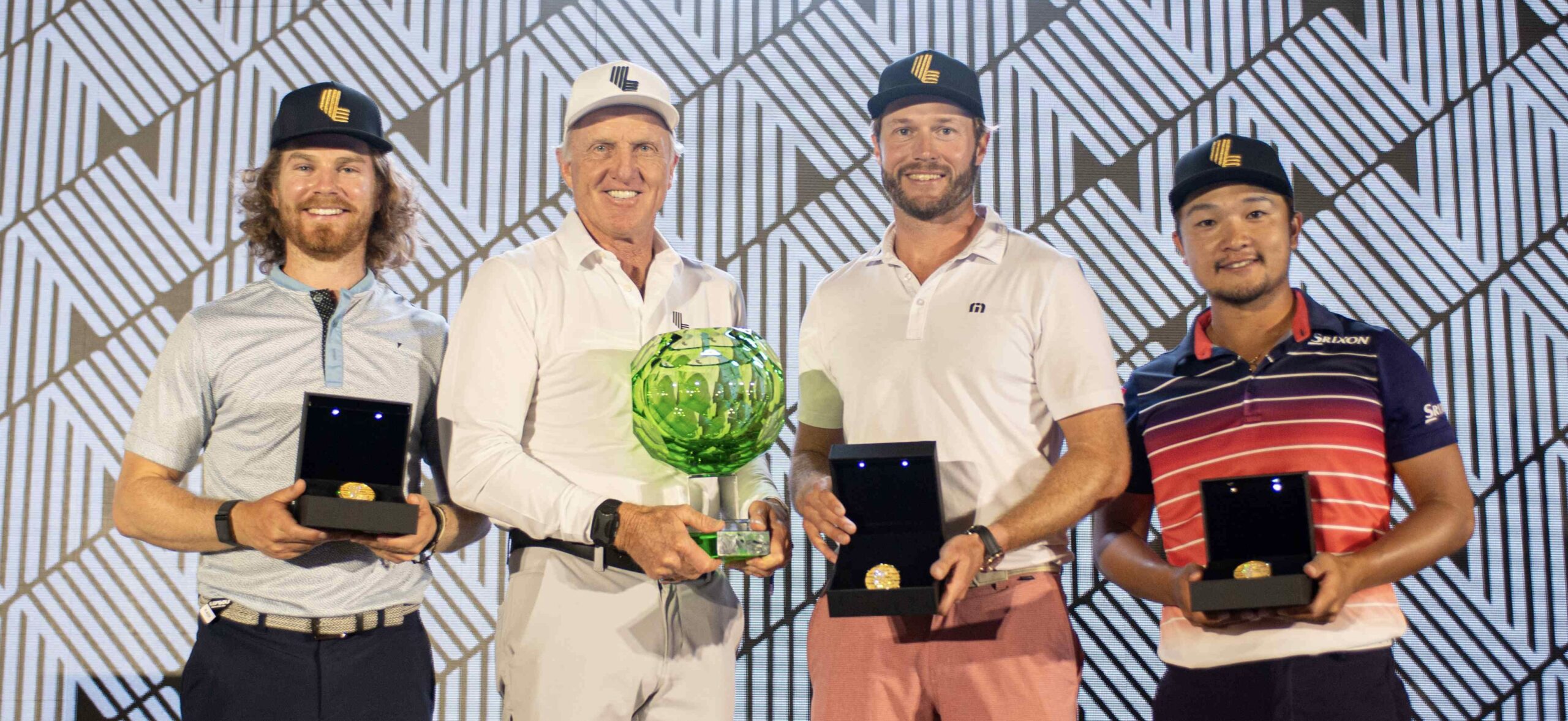 Kieran Vincent, Kalle Samooja and Jinichiro Kozuma, pictured with LIV Golf CEO Greg Norman, all earned LIV Golf membership for the 2024 season