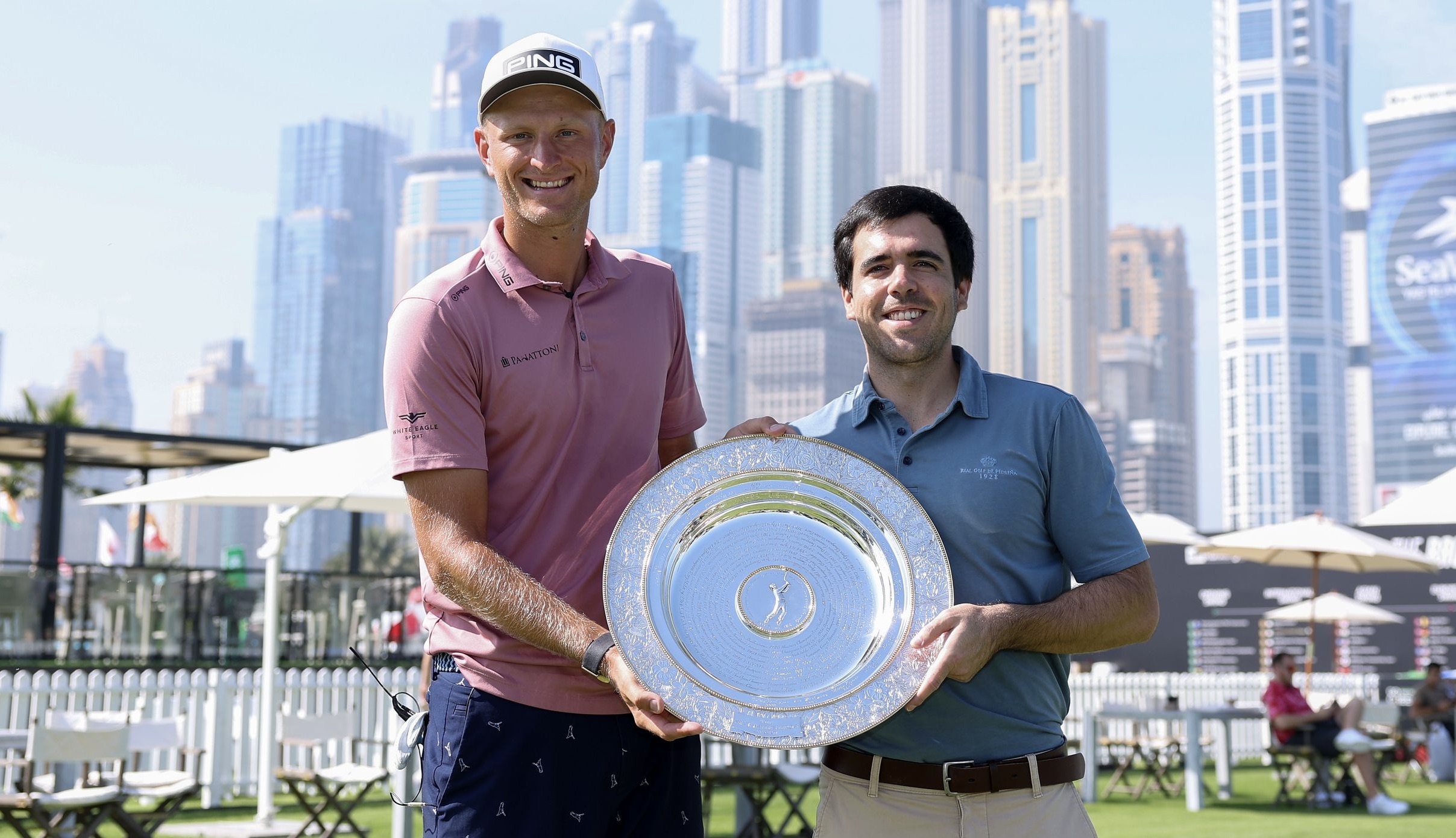 Adrian Meronk was presented with the Seve Ballesteros Award by Javier Ballesteros ahead of the Dubai Desert Classic