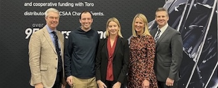 (l-r) Andy Brown (Global BDM, Toro), Sam Thomas (Director, Sustainable Golf Development), Marnie Wells (President, Toro Giving Foundation), Amy Dahl (VP Toro International), Edric Funk (Group VP, Toro)