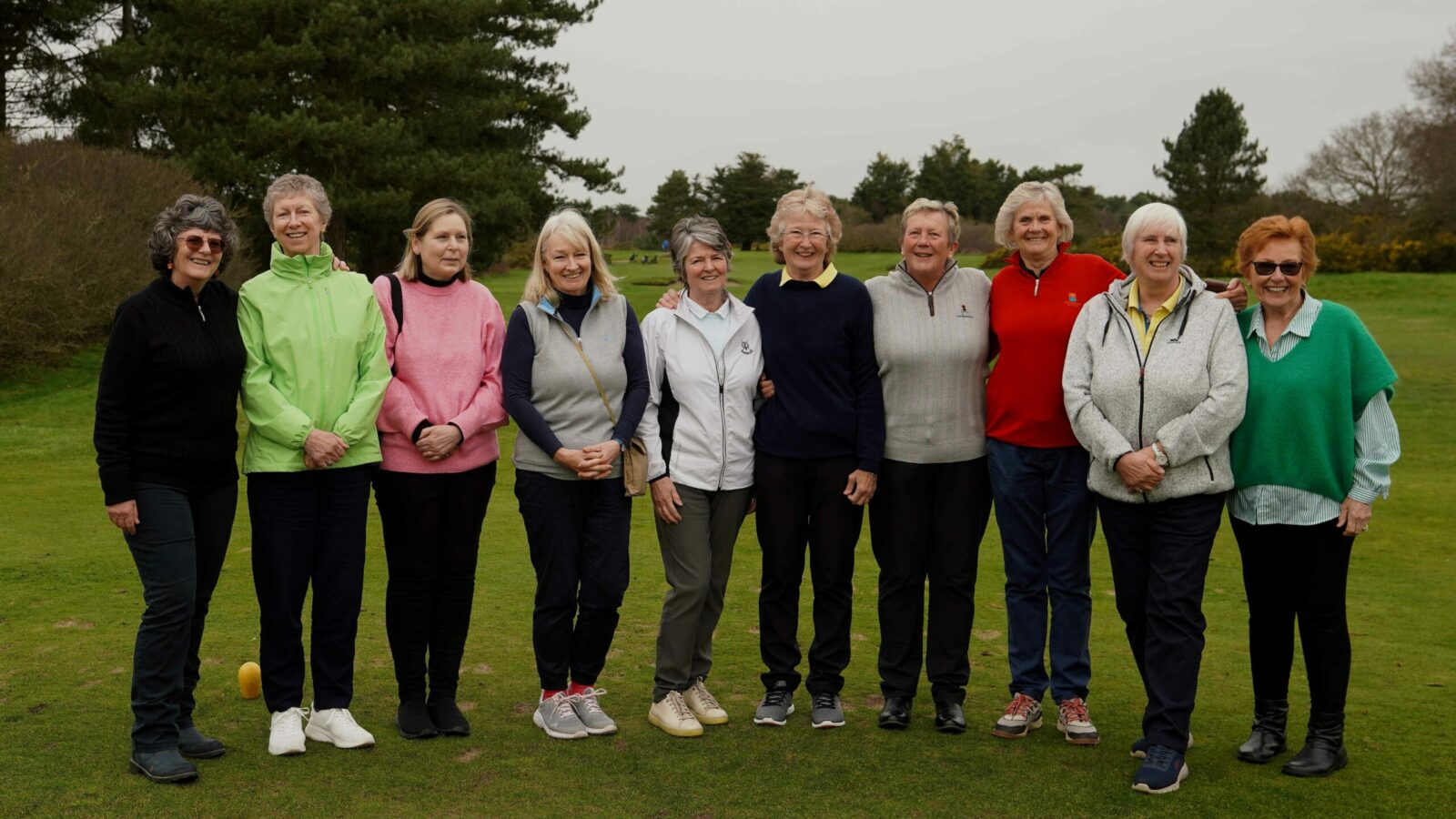 LET Founders and early members at the first tee, Thorpeness Golf Club from left: Sue Bamford, Pam Chugg, Julie Smith, Cathy Panton-Lewis, Jane Forrest, Maxine Burton, Christine Langford, Denise Hastings, Vanessa Marvin and Jenny Lucas. (Image credit: Kalan Coupar)
