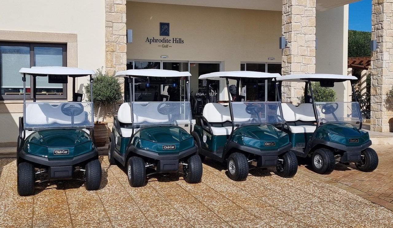 Some of the new Club Car Tempo fleet at Aphrodite Hills