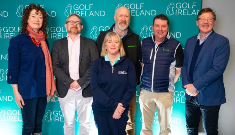Pictured from left: Anja Murray (Ecologist), Jim Young (Decarbonisation Consultant), Alan Lauder (Ecologist), Damien McLaverty (CEO of ATPI), Jonathan Smith (Executive Director GEO Foundation for Sustainable Golf). Front: Ann Courtney (Sustainability Manager Golf Ireland). Missing from Photo: Grainne Kelliher (Sustainability Adviser)