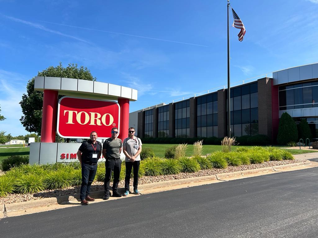 From right: 2022 award winner James Gaskell, with his endorser James Crowley and Alastair Rowell from Reesink at Toro Manufacturing.