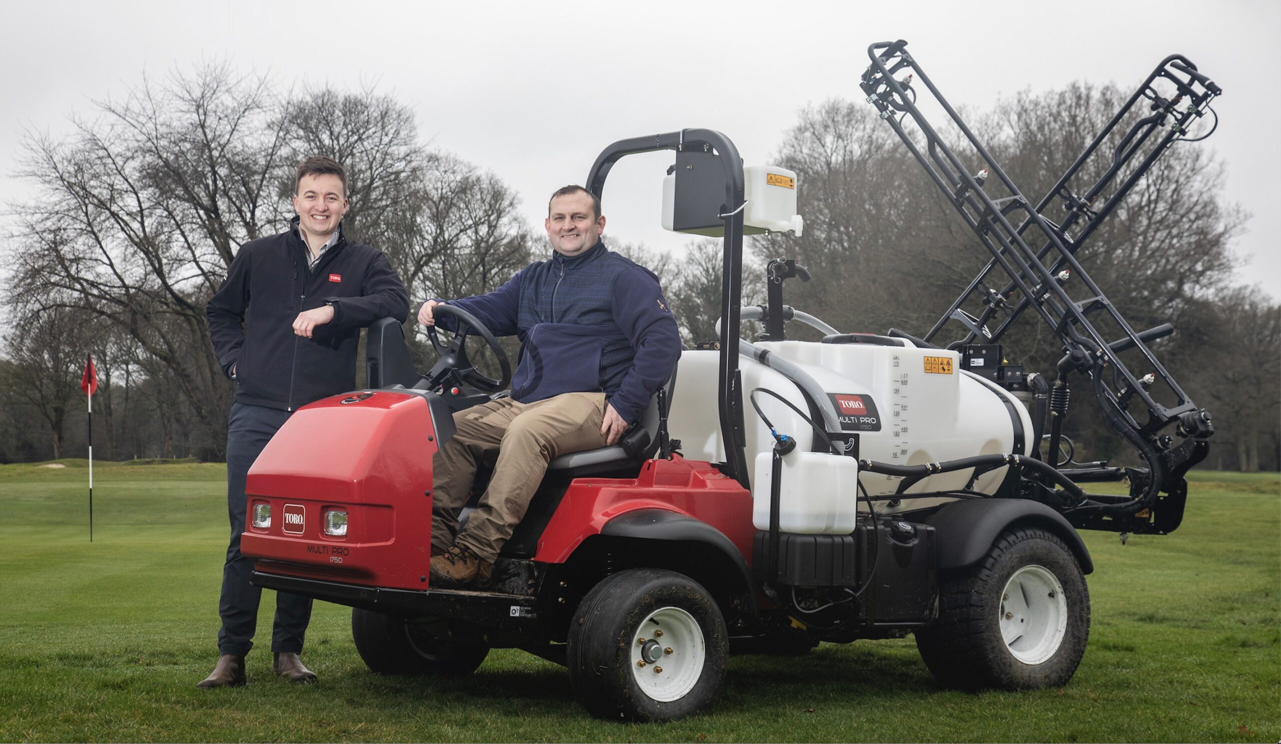 Grant Stewart, course manager at Huntercombe Golf Club, sitting on the club’s Toro Multi Pro 1750, with Reesink’s Liam Linehan