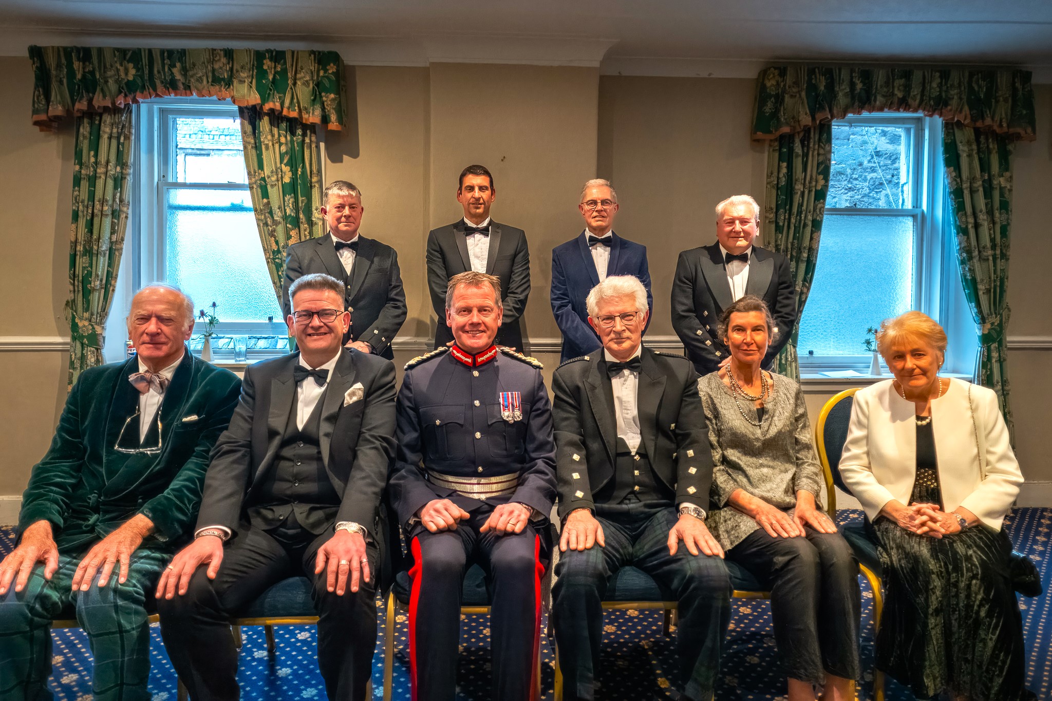 Top table guests at the Royal Perth Golfing Society and County and City Club’s 200th anniversary dinner: Front (from left): Professor David Purdie (speaker), Alastair Hodge (speaker), Lord Lieutenant Stephen Leckie, Robin Duncan (Captain), Kate Guthrie and Avril Duncan. Back row: Mike Page (Vice-Captain), Niall McGill (Honorary Professional), Steve Tiffney (Honorary Secretary) and event organiser Bill Duncan. (Photo: Marcus Tyler Photography)